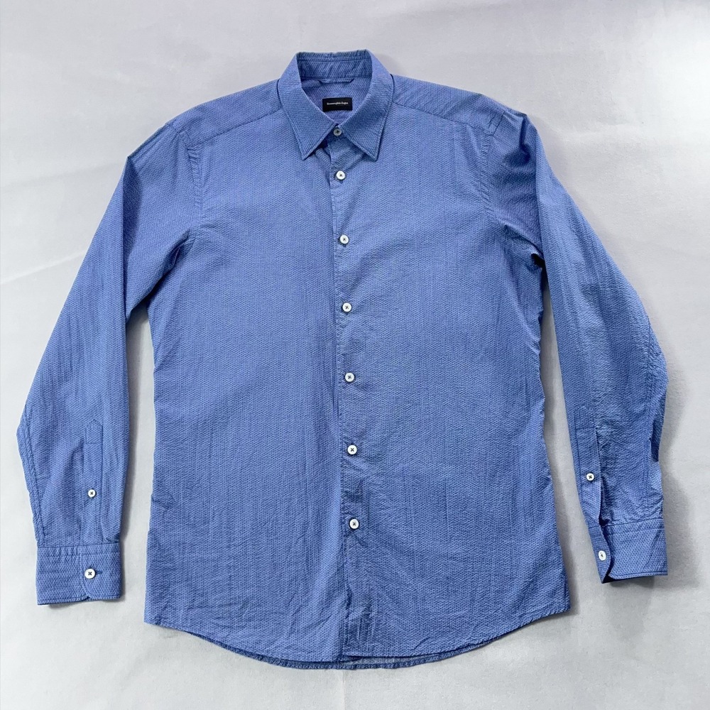 Ermenegildo Zegna Shirt Men Medium Blue Micro Print Seersucker Texured Cotton